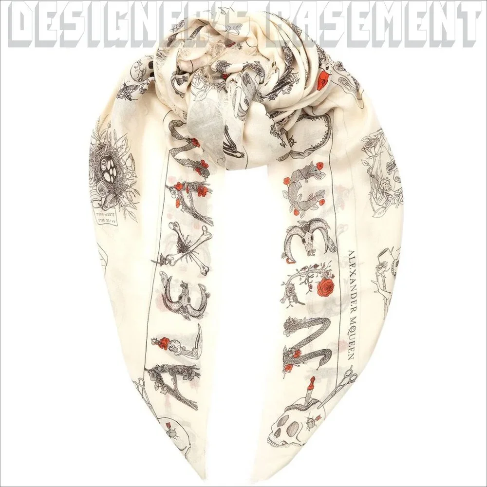 ALEXANDER MCQUEEN white letters SKULL CABINETS silk chiffon 52